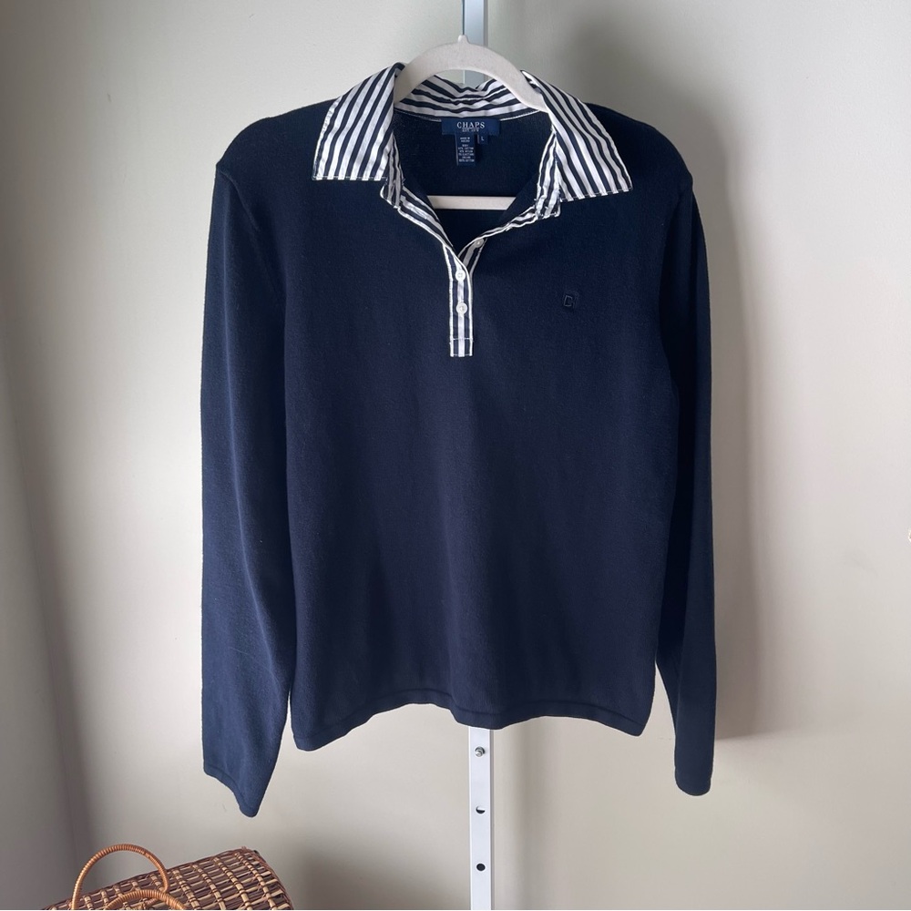 Chaps Navy Rugby Polo Sweater Women’s Large Striped Collar Long Sleeve Preppy